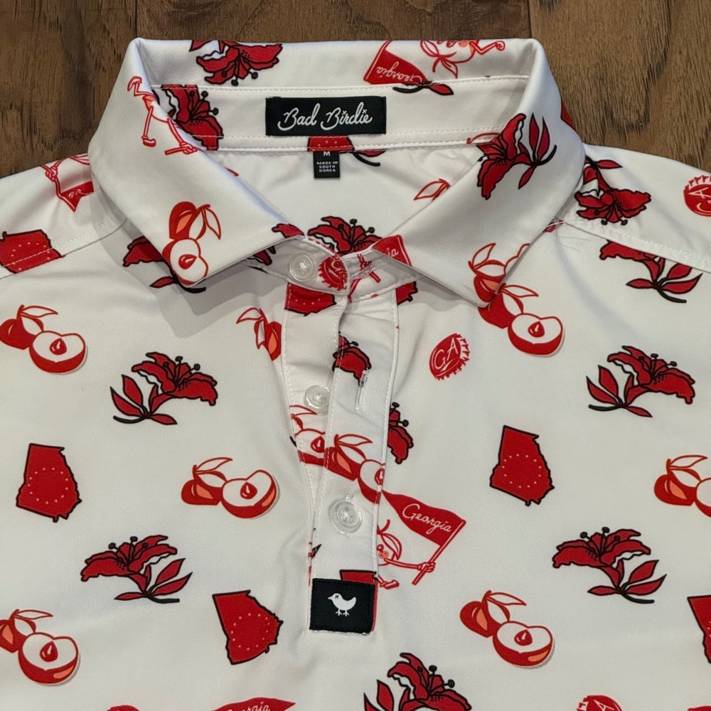 Bad Birdie Men’s Georgia Peach Golf Polo Shirt White Red Size Medium‎